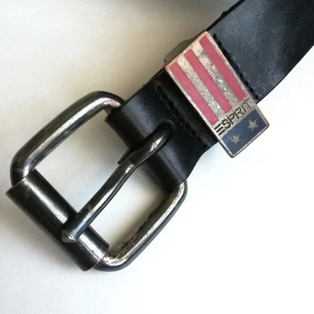 Esprit Vintage 80s Black Leather Belt With Metal Flag Loop